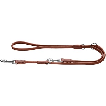 Braune Leder-Hundeleine mit silbernen Metallclips und Ringen, entworfen für Langlebigkeit und Komfort.