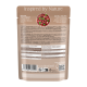 Rückseite des Catz Finefood Katzenfutterbeutels mit der Aufschrift „Inspired by Nature“ sowie Zutaten, Nährwertangaben und einem QR-Code.