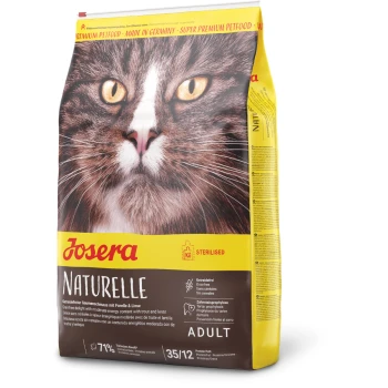 Trockenfutter Katze Indoor Cat Adult 8x400 g Josera Naturelle Katzenfutter für ausgewachsene Katzen mit Nahaufnahme eines Katzenkopfes, getreidefrei, Zahnsteinprophylaxe, hergestellt in Deutschland.