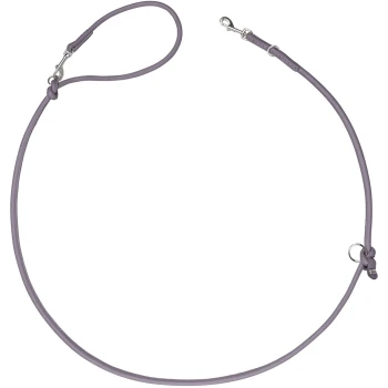 Lavendelfarbene Schlaufenzugleine mit Schlaufengriff, silbernem Verschluss und O-Ringen vor weißem Hintergrund.