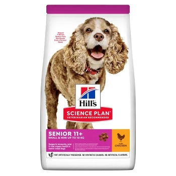 Hill´s Science Diet Adult 11+ Small Paws Hill's Science Plan Senior 11+ dog food bag featuring a happy cocker spaniel, labeled for small and mini dogs up to 10 kg, with chicken.