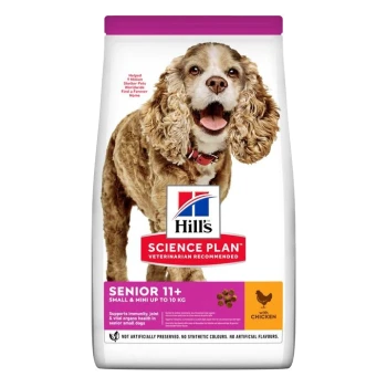 Hill's Science Plan Senior 11+ dog food bag featuring a happy cocker spaniel, labeled for small and mini dogs up to 10 kg, with chicken.