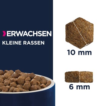 Hundefutter für kleine Rassen, mit Kibble-Größen von 10 mm und 6 mm, mit dem Text "ERWACHSEN KLEINE RASSEN" deutlich sichtbar.