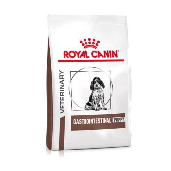 Royal Canin Veterinary Gastrointestinal Welpenfutterbeutel mit einem schwarz-weißen Bild eines Welpen und einem roten Kronenlogo.