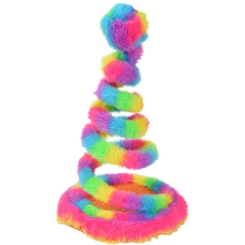 Regenbogenfarbenes flauschiges Katzenspielzeug: Spiralfeder mit mehrfarbigem Kunstfell, Bommel oben und rundem flauschigem Sockel.