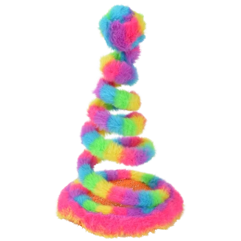 Regenbogenfarbenes flauschiges Katzenspielzeug: Spiralfeder mit mehrfarbigem Kunstfell, Bommel oben und rundem flauschigem Sockel.