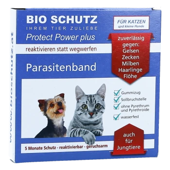 Blaue BIO SCHUTZ Protect Power plus Parasitenband-Box mit Katze und kleinem Hund; sichtbarer Text 'für Katzen' und 'auch für Jungtiere'