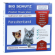 Blaue BIO SCHUTZ Protect Power plus Parasitenband-Box mit Katze und kleinem Hund; sichtbarer Text 'für Katzen' und 'auch für Jungtiere'