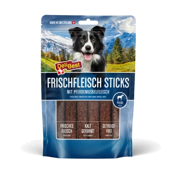 DeliBest-Tasche für Tierleckerlis mit Border Collie und Schweizer Alpen, beschriftet mit 'FRISCHFLEISCH STICKS' und 'MIT PFERDEMUSKELFLEISCH.'
