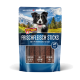 Pochette DeliBest pour friandises pour animaux avec border collie et Alpes suisses, étiquetée « FRISCHFLEISCH STICKS » et « AVEC VIANDE DE MUSCLE DE CHEVAL »