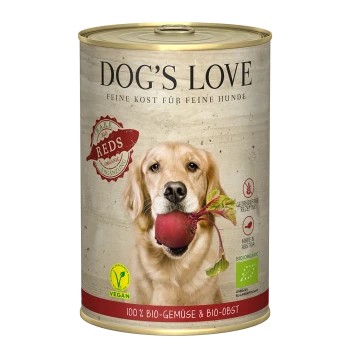 Boîte de nourriture pour chiens Dog's Love bio et vegan avec un golden retriever tenant une betterave sur l’étiquette.