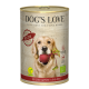 Dose Dog's Love Bio-veganes Hundefutter mit einem Golden Retriever, der eine Rote Beete auf dem Etikett hält.