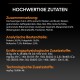 Bild von Haustierfutterzutaten, das Huhn, Getreide und die Nährwertanalyse von Protein- und Fettgehalt hervorhebt.