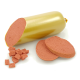 Eine zylindrische Rolle Haustierfutter in einer glänzenden gelben Hülle, teilweise aufgeschnitten, um weiche rosa Pastete zu zeigen, mit kleinen Würfeln derselben Pastete daneben.