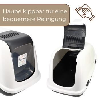 Weiße überdachte Katzentoiletten, eine offen; "GarPet"-Aufkleber und deutscher Text: "Haube kippbar für eine bequemere Reinigung"