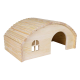 Holzhaustierhaus mit einem gewölbten Dach, das ein kleines Fenster und einen Eingang hat, ideal für kleine Tiere.