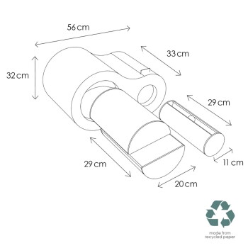 Isometrische Strichzeichnung eines Tunnelbetts für Haustiere mit Rampe und abnehmbarem Zylinder, Maße gezeigt und Text 'aus recyceltem Papier hergestellt'.