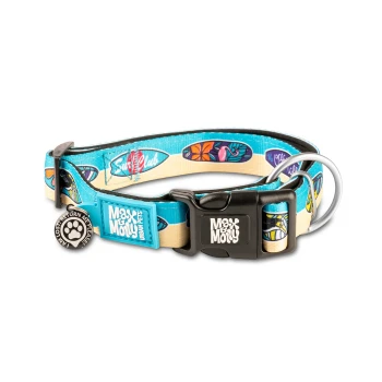Blau-beiges Max & Molly Hundehalsband mit Surfbrett-Designs und schwarzer Schnalle, mit einem „Return Me If Lost“-Anhänger.