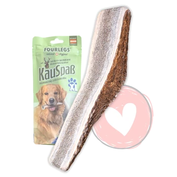 Fourlegs KauSpaß XL Hundekauknochen: großer Geweihstreifen und grünes Paket mit Golden-Retriever-Motiv, rosa Herz