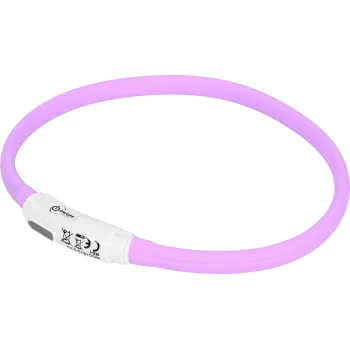 Lila Silikon-Haustierhalsband mit einem weißen Ein/Aus-Schalter, entworfen für Sichtbarkeit und Sicherheit während der Spaziergänge.