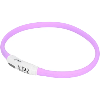 Collier pour animaux en silicone violet avec un interrupteur blanc marche/arrêt, conçu pour la visibilité et la sécurité lors des promenades.