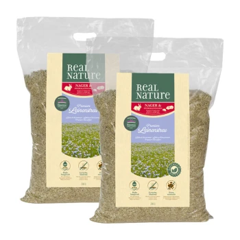 Twee zakken Real Nature Premium Lijnzaadbedekking voor kleine dieren, met een bloemenachtergrond en iconen voor milieuvriendelijkheid.