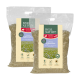 Deux sacs de litière Premium Linseed Real Nature pour petits animaux, avec un fond floral et des icônes pour l'éco-responsabilité.