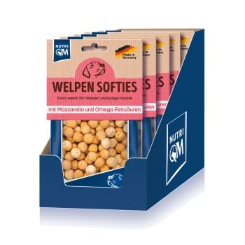 Nutri QM „Welpen Softies“ Welpen-Snacks mit runden Mozzarella-Kügelchen; sichtbarer Text: „mit Mozzarella und Omega-Fettsäuren“, „Made in Germany“.