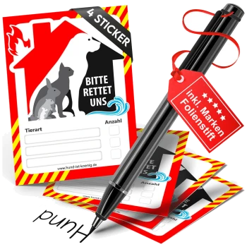 Sticker-Set mit Tier-Silhouetten und dem Text „Bitte rettet uns,“ inklusive eines schwarzen Filzstifts mit rotem Etikett auf Deutsch.
