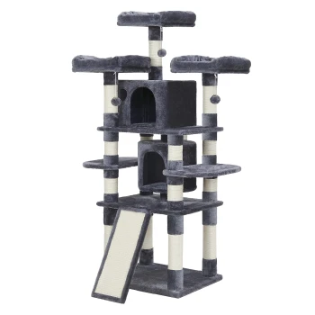 Grauer mehrstufiger Katzenbaum mit drei Plattformen, zwei Verstecken, Kratzpfosten und einer Rampe für einfachen Zugang.