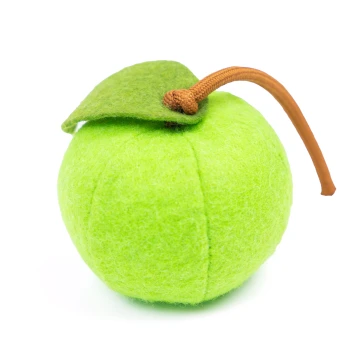 Katzenminze Grüner Apfel | handgefertigtes Filz-Spielkissen Grünes Filzhaustierspielzeug in Form eines Apfels, mit einem braunen Stiel und einem grünen Blatt, auf einem weißen Hintergrund.