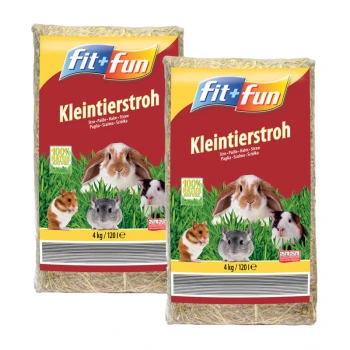 Twee zakken 'fit+fun Kleintierstroh' huisdierbedekking, elk 4 kg, met afbeeldingen van een konijn, cavia en chinchilla op een grasachtige achtergrond.