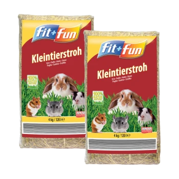 Zwei Säcke 'fit+fun Kleintierstroh' Haustierbettung, jeweils 4 kg, mit Bildern eines Kaninchens, Meerschweinchens und einer Chinchilla auf einem grasbewachsenen Hintergrund.