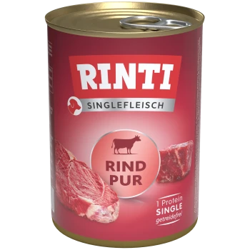 RINTI Singlefleisch rote Dose mit der Aufschrift 'RIND PUR', Kuhsymbol, Rindfleischbilder und dem Text '1 Protein SINGLE getreidefrei'.
