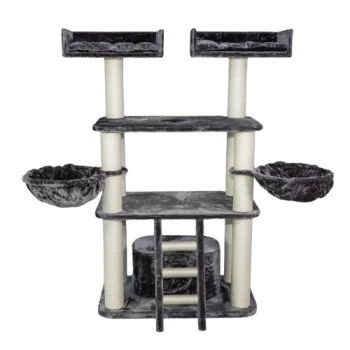 Grauer Katzenbaum mit mehreren Ebenen, zwei oberen Sitzplätzen, zwei hängenden Körben und Kratzpfosten. Ideal zum Klettern und Ausruhen.