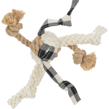 A durable, multi-textured dog toy made of twisted rope and fabric, featuring beige and black plaid patterns with tassels.
