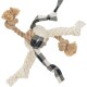 A durable, multi-textured dog toy made of twisted rope and fabric, featuring beige and black plaid patterns with tassels.