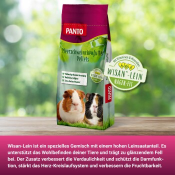 PANTO Kaninchen- und Meerschweinchenfutterbeutel mit einem schwarz-weißen Kaninchen und einem braunen Meerschweinchen, das "Wisan-Lein" für gesundheitliche Vorteile hervorhebt.