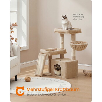 Beiger mehrstufiger Kratzbaum mit zwei Katzen; sichtbarer Text: 'Mehrstufiger Kratzbaum'.