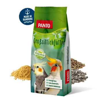Beutel mit Panto Vogelfutter für große Papageien, mit einem roten Ara und einem Nymphensittich, der "Prachtige Federn" und "Vitalität" hervorhebt.