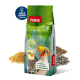 Beutel mit Panto Vogelfutter für große Papageien, mit einem roten Ara und einem Nymphensittich, der "Prachtige Federn" und "Vitalität" hervorhebt.