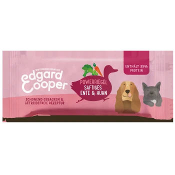 Verpackung von Edgard Cooper Power Bar mit Ente und Huhn, mit Illustrationen eines Hundes und einer Katze, die besagt: "Enthält 35% Protein."