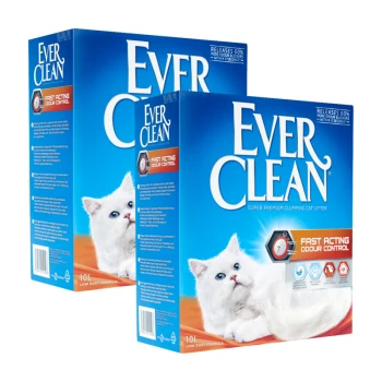 Fast Acting Odour Control Klumpstreu 2x10 l Zwei Boxen Ever Clean Katzenstreu mit einer weißen Katze, die 'Schnell wirkende Geruchskontrolle' und '10L Niedrigstaub-Formel' zeigt.