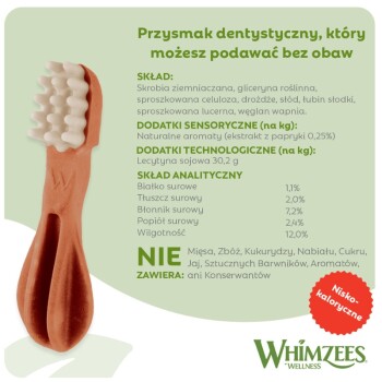 Pomarańczowy przysmak dentystyczny w kształcie szczoteczki dla psa z białymi włóknami na zielonej etykiecie z napisem "Przysmak dentystyczny" i "Whimzees".