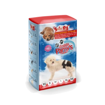 Emballage pour les couches jetables "doggy Pamy's" pour chiens, présentant un chien duveteux portant une couche, avec des options de taille allant de XS à XXL listées en bas.