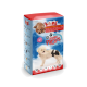 Emballage pour les couches jetables "doggy Pamy's" pour chiens, présentant un chien duveteux portant une couche, avec des options de taille allant de XS à XXL listées en bas.
