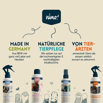 Bild von nimo® Haustierpflegeprodukten: Pferde Shampoo, Wundspray und Fell Pflegespray, beschriftet "Made in Germany" und "Natürliche Tierpflege."