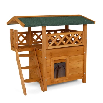 Katzenhaus "Lodge" Holzhaustierhaus mit grünem Dach, Leiter und Balkon, mit einem kleinen Eingang und einem gemütlichen Design für Haustiere.