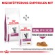 Royal Canin Veterinary Renal Katzenfutterverpackung mit einem Sack Trockenfutter und einem Beutel mit der Aufschrift "Renal mit Huhn", der feine Stücke in Sauce enthält.