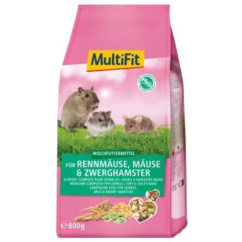 Rosa MultiFit 800-g-Tüte mit Futter für Rennmäuse, Mäuse und Zwerghamster; drei Nagetiere, Samen und Logo 'No added sugars'.